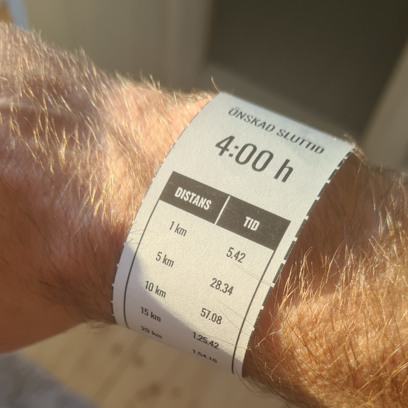 armband för önskad sluttid 4 timmar med mellantider för maraton